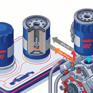 Изометрическая иллюстрация высокопоточных масляных фильтров для американских масл-каров на белом фоне в современном стиле