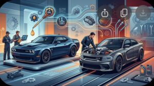 Современная иллюстрация Dodge Challenger и Charger для руководства по техническому обслуживанию масл-каров Redline Oil