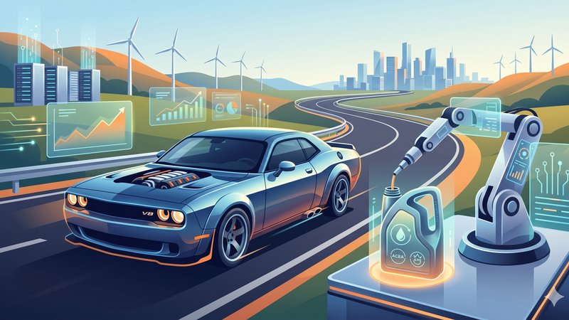 Современная иллюстрация двигателя V8 для статьи о трендах выбора моторного масла в 2026 году